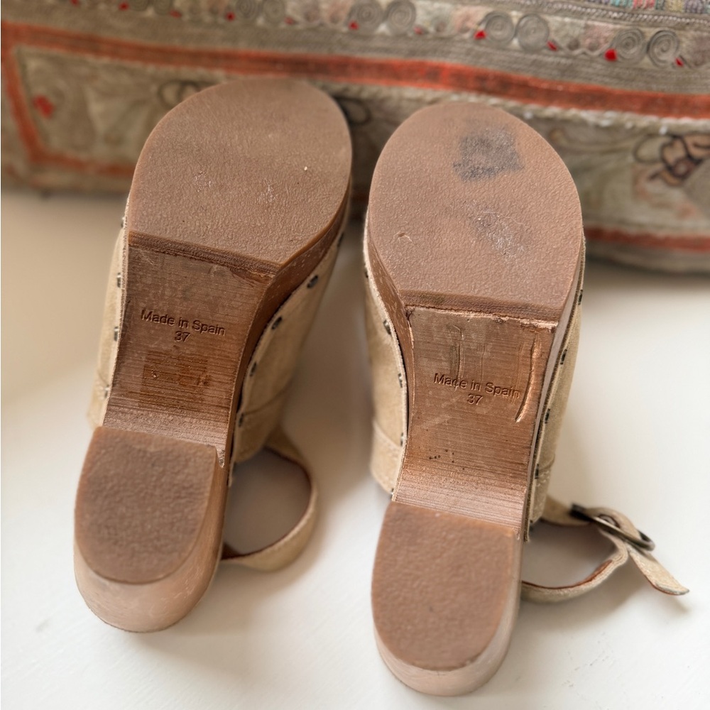 Sezane Taylor Beige Suede Wood Platform Heeled Clogs - 6.5 / 37 - Picture 6 of 7